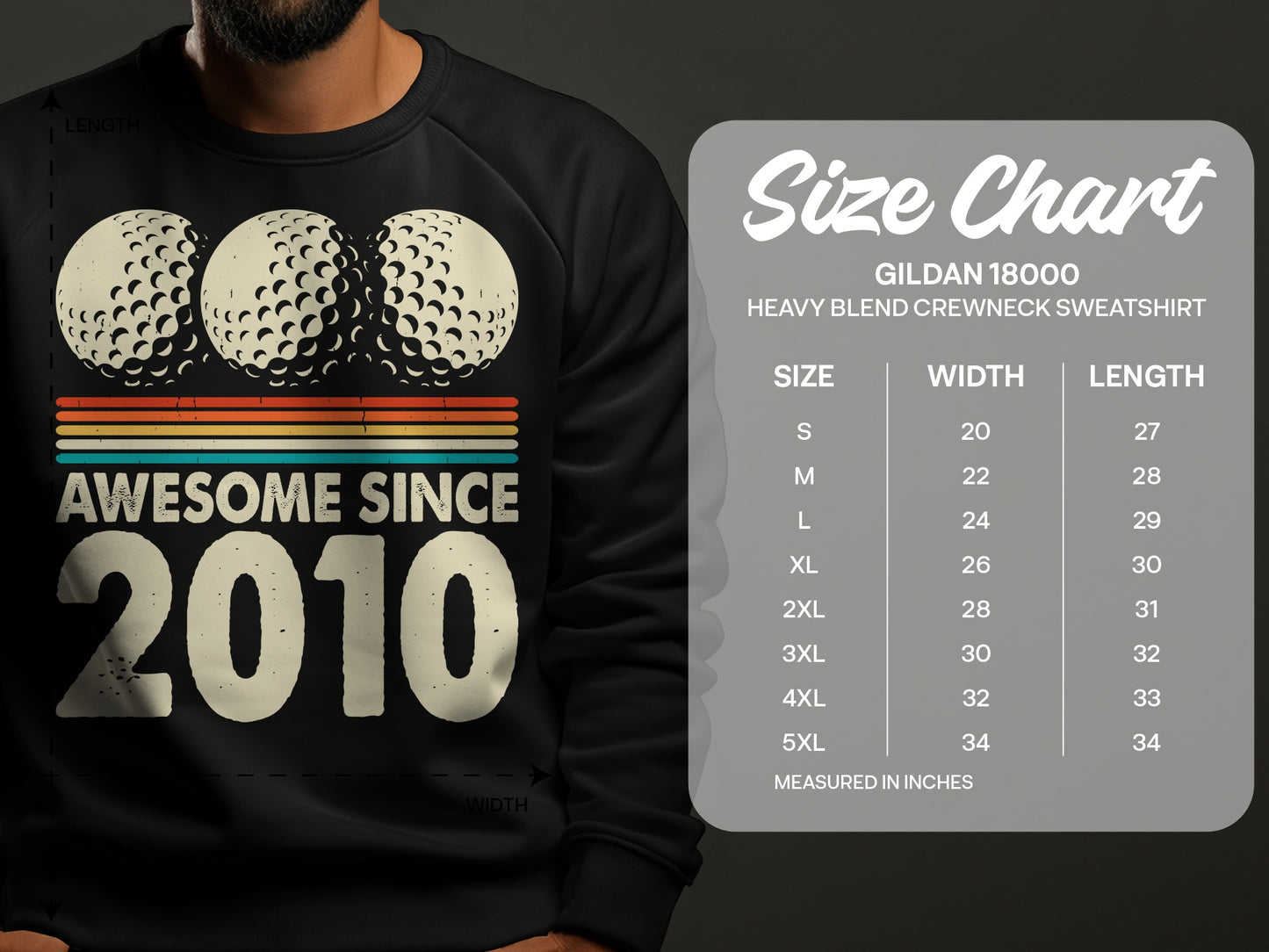Crewneck sweatshirt with "Awesome Since 2010" and golf balls, includes size chart.