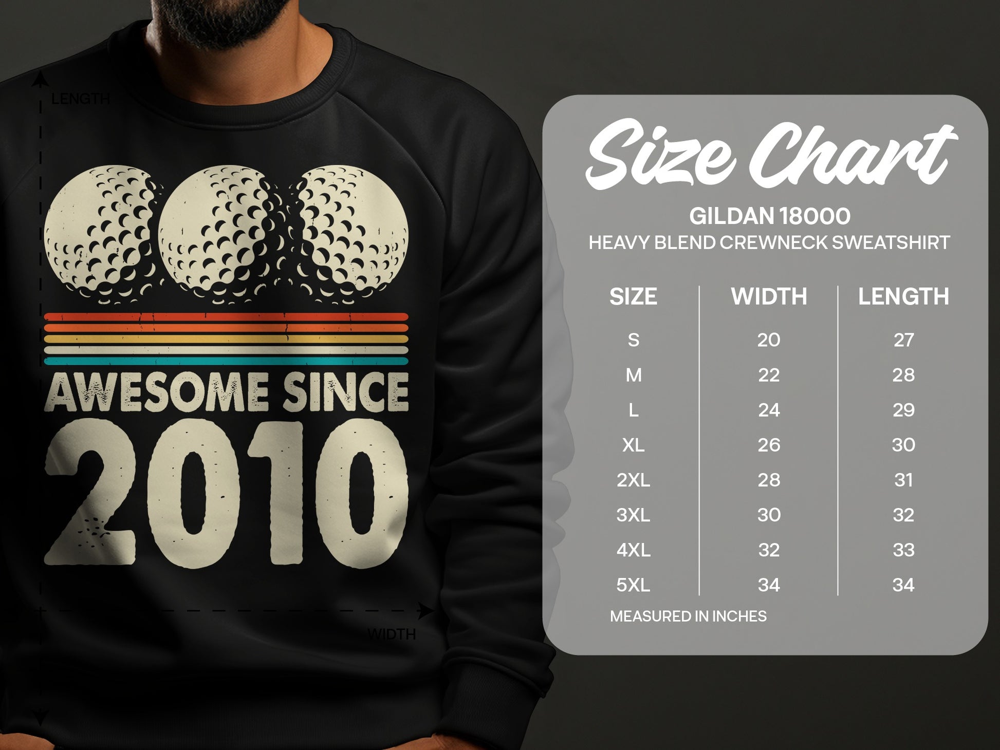 Crewneck sweatshirt with "Awesome Since 2010" and golf balls, includes size chart.