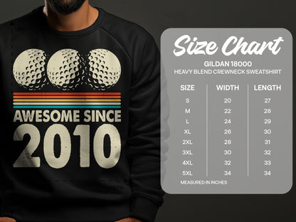 Crewneck sweatshirt with "Awesome Since 2010" and golf balls, includes size chart.