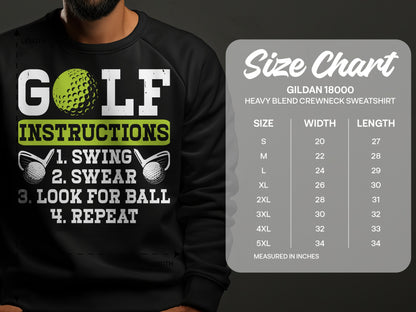 Black sweatshirt with "Golf Instructions" text and a size chart.