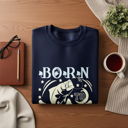 Navy sweatshirt with "Born to Fish" graphic featuring a fish and fishing hook.