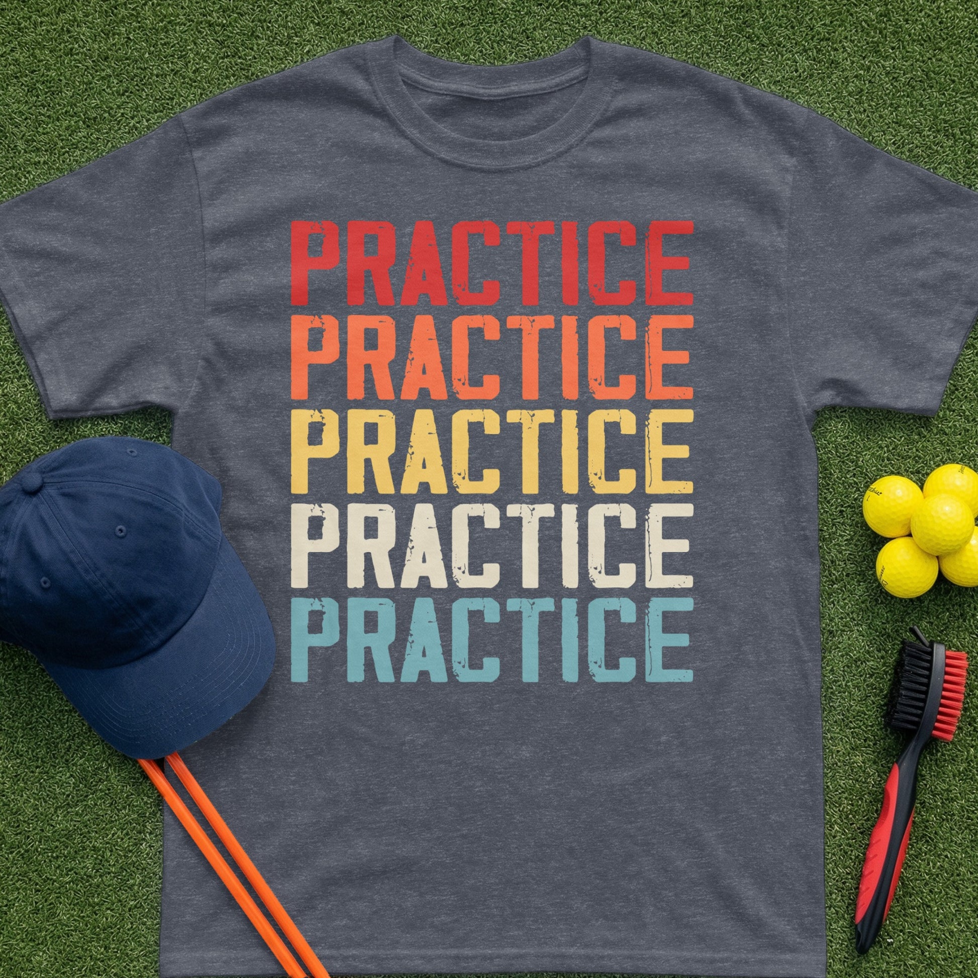 Dark t-shirt with "PRACTICE" printed five times in different colors.
