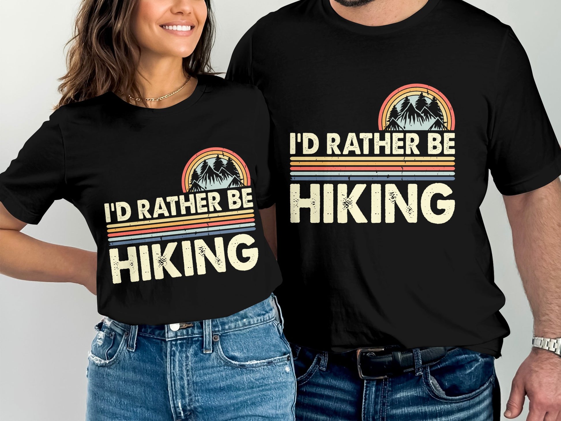 Matching t-shirts with "I'd Rather Be Hiking" text and mountain graphic.