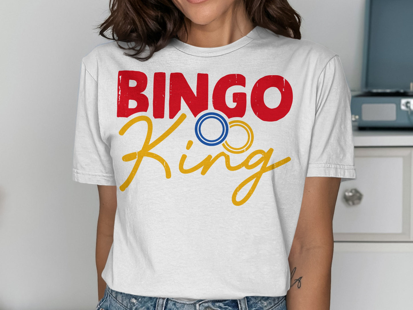 White t-shirt with "BINGO King" text in red and yellow.