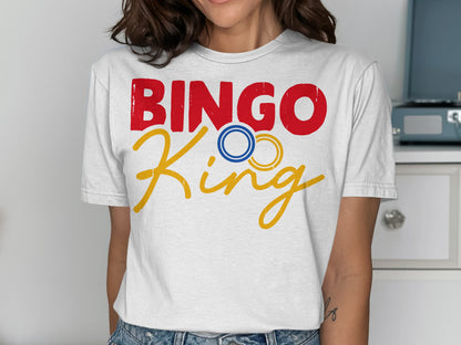 White t-shirt with "BINGO King" text in red and yellow.