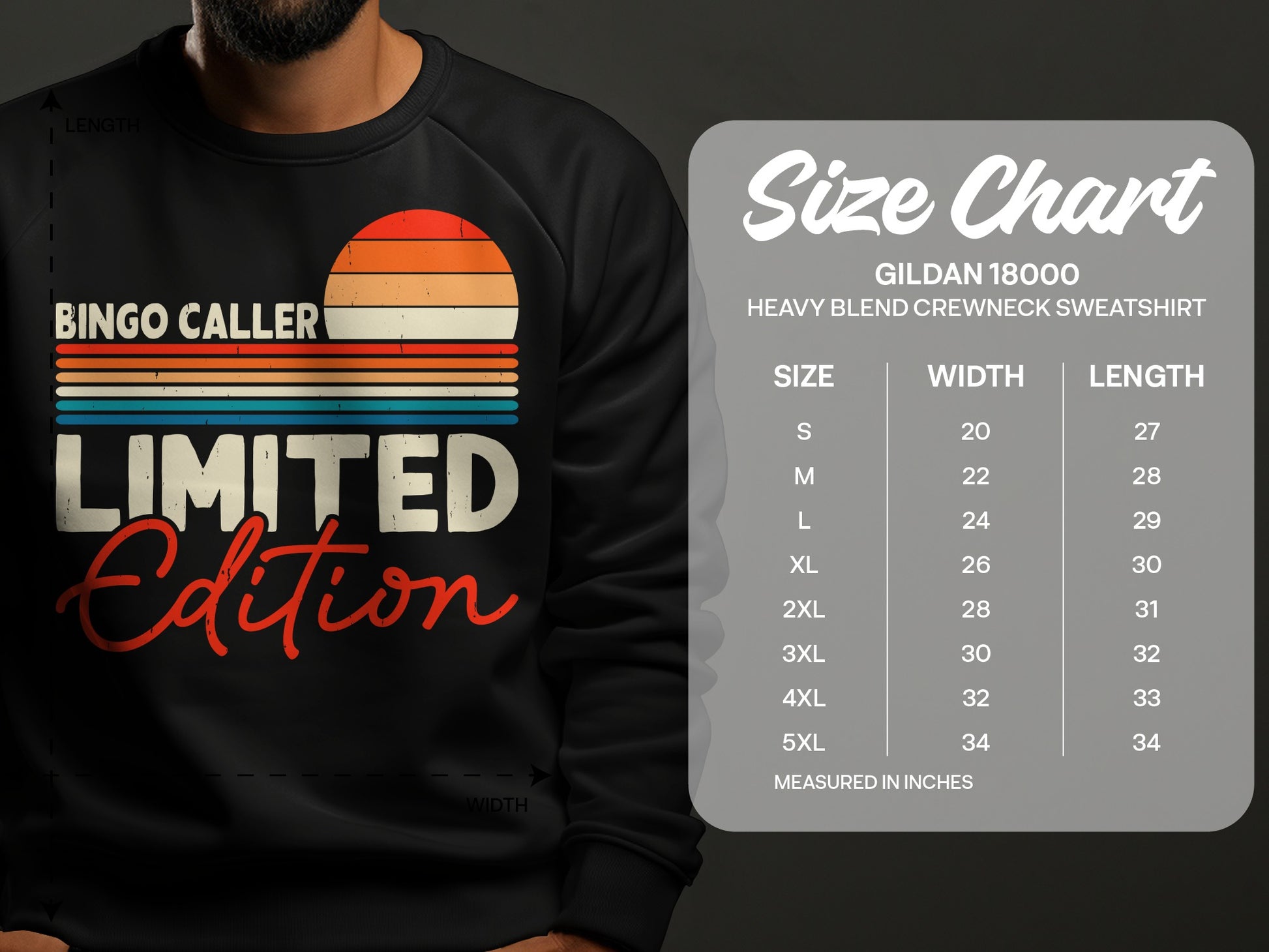 Crewneck sweatshirt with "Bingo Caller Limited Edition" graphic, shown with size chart.