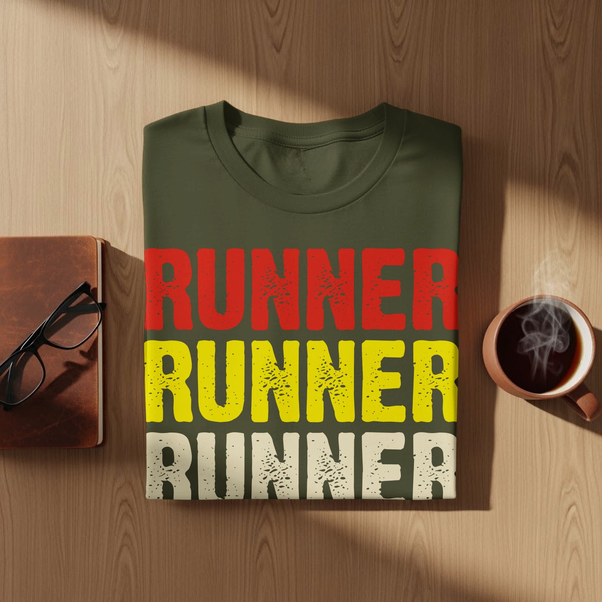 Olive green t-shirt with "RUNNER" repeated in red, yellow, and white text.