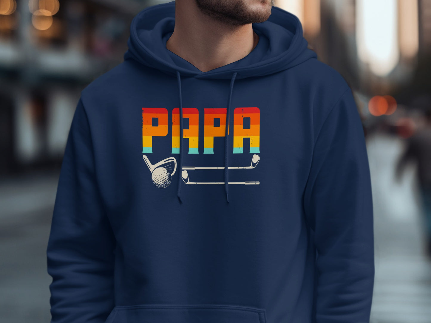Navy hoodie with "PAPA" in colorful retro lettering and golf club icons.