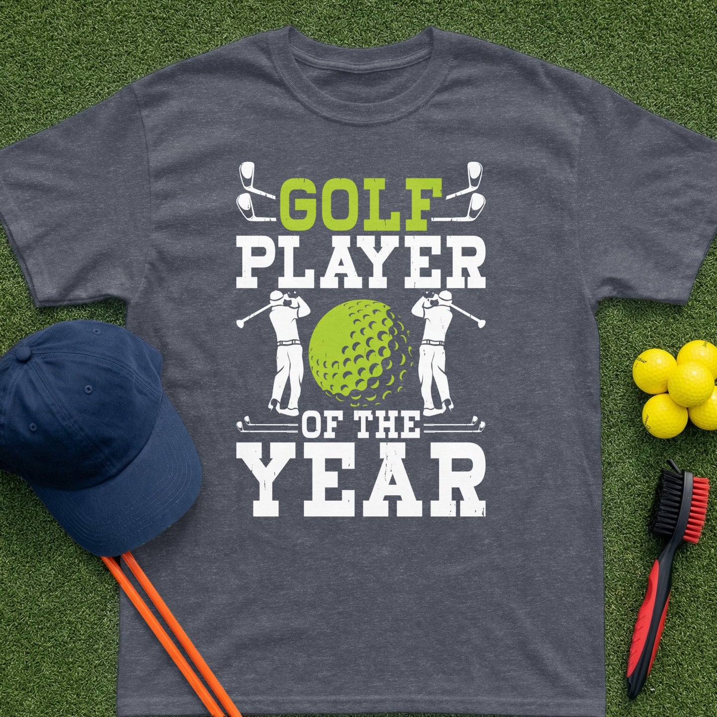 Dark grey t-shirt with "Golf Player of the Year" text and two golf figures.