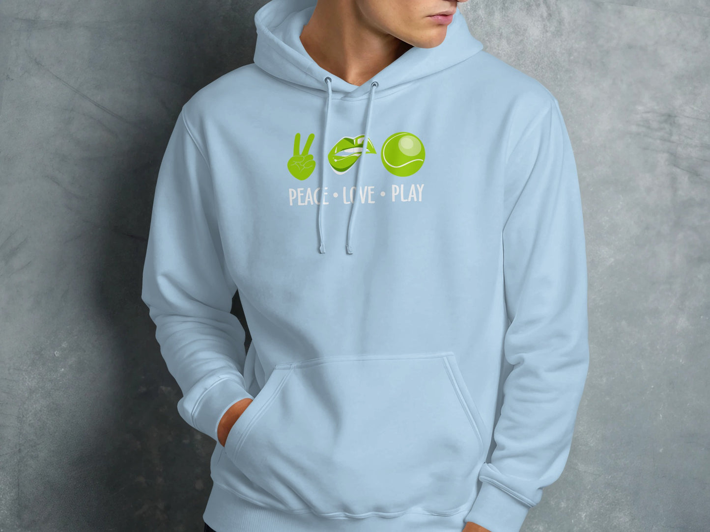 Light blue hoodie with "PEACE LOVE PLAY" text, lips, and tennis ball graphic.