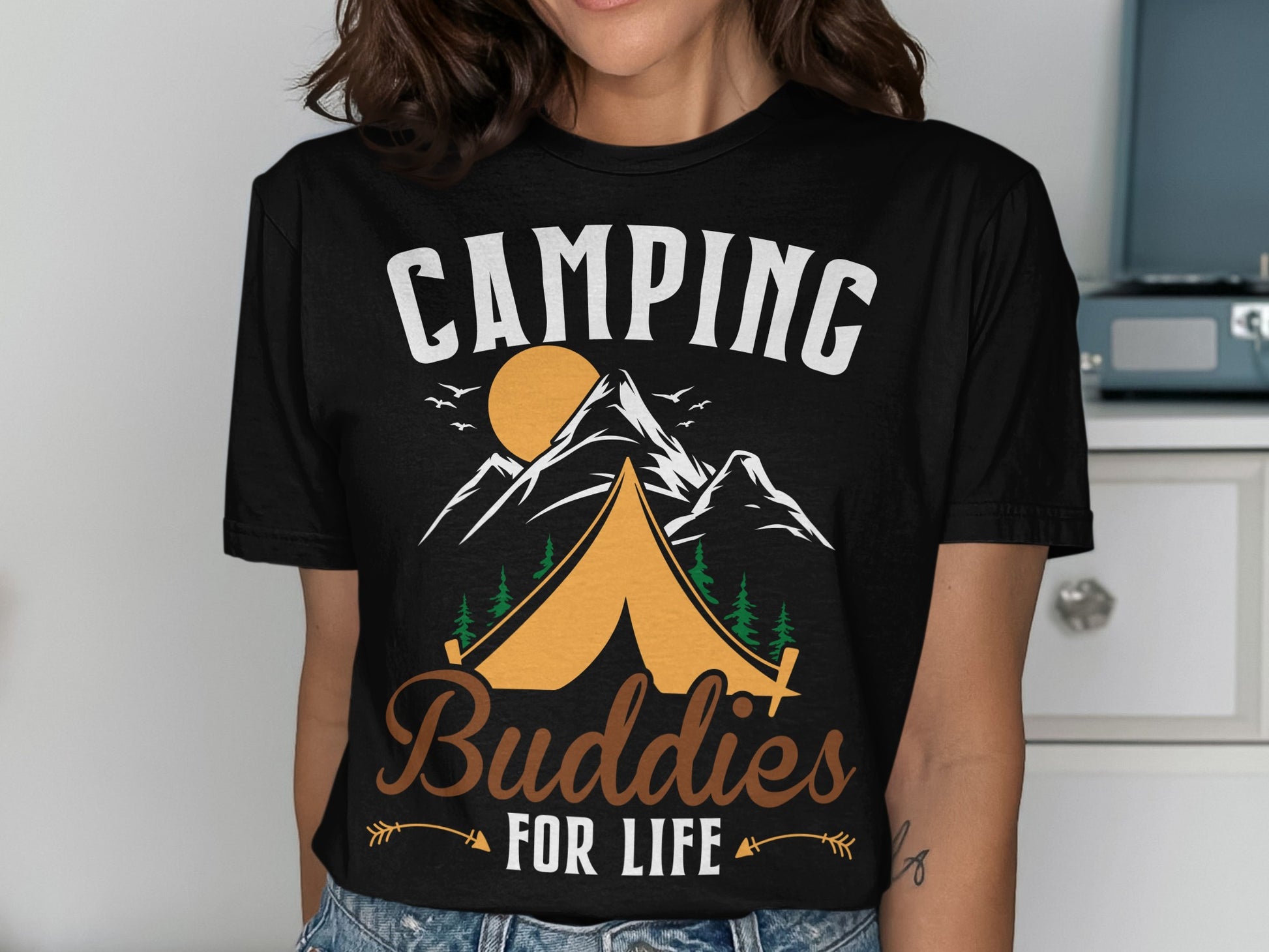 Black t-shirt with "Camping Buddies For Life" graphic and mountain scene.