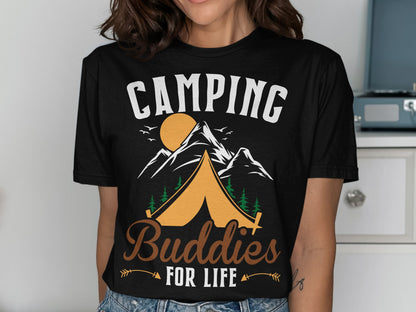 Black t-shirt with "Camping Buddies For Life" graphic and mountain scene.