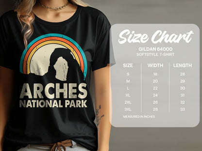 Black t-shirt with "Arches National Park" graphic and size chart.