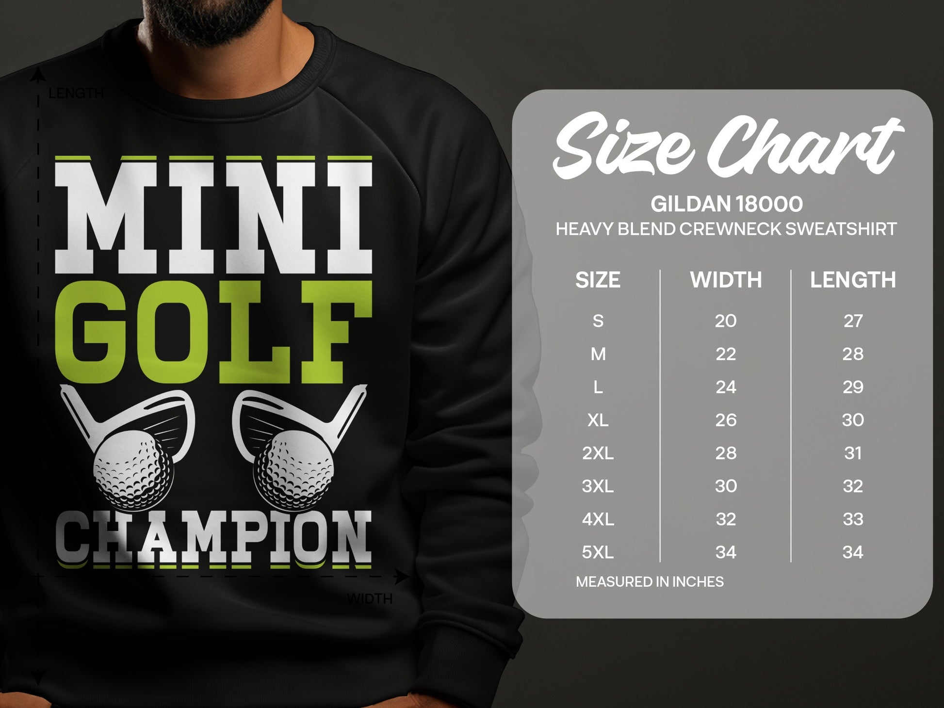 Black sweatshirt with "MINI GOLF CHAMPION" text and size chart.