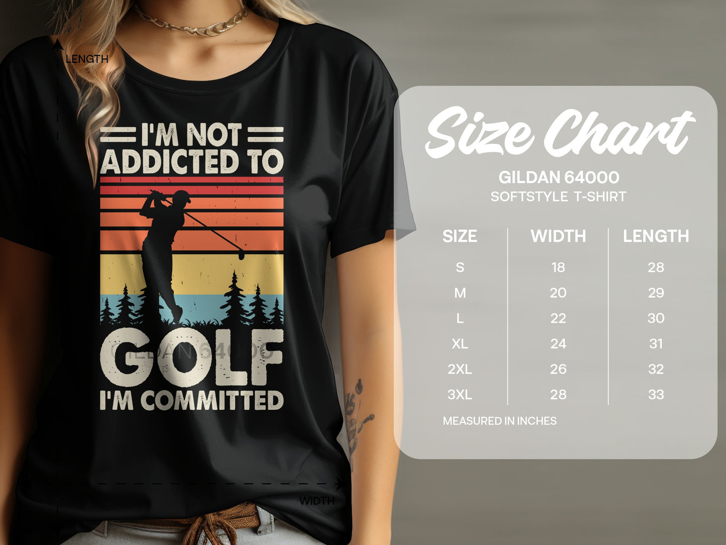 Black t-shirt with "I'm Not Addicted To Golf I'm Committed" text and sunset graphic.