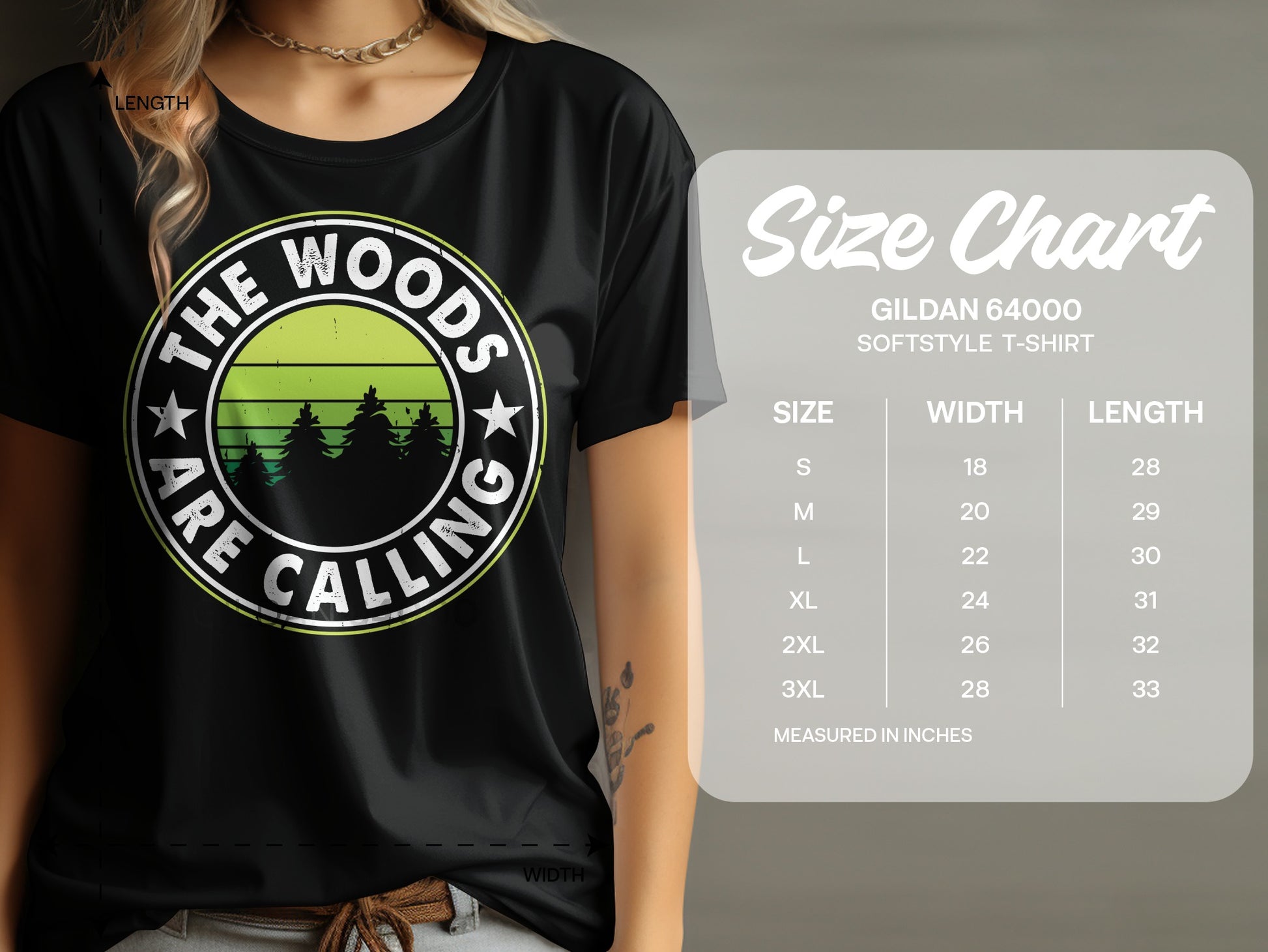 Black t-shirt with "The Woods Are Calling" text and forest graphic, next to a size chart.