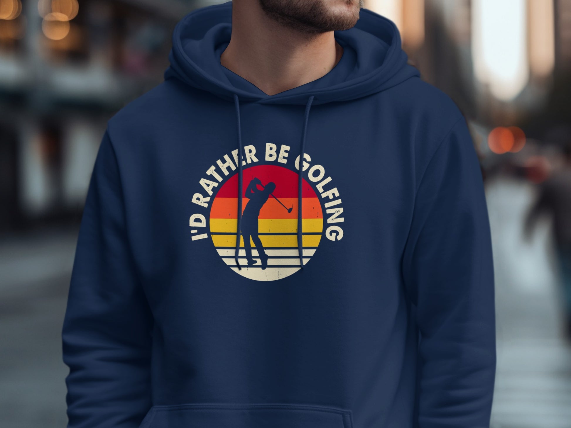 Navy hoodie with "I'd Rather Be Golfing" text and golfer graphic.