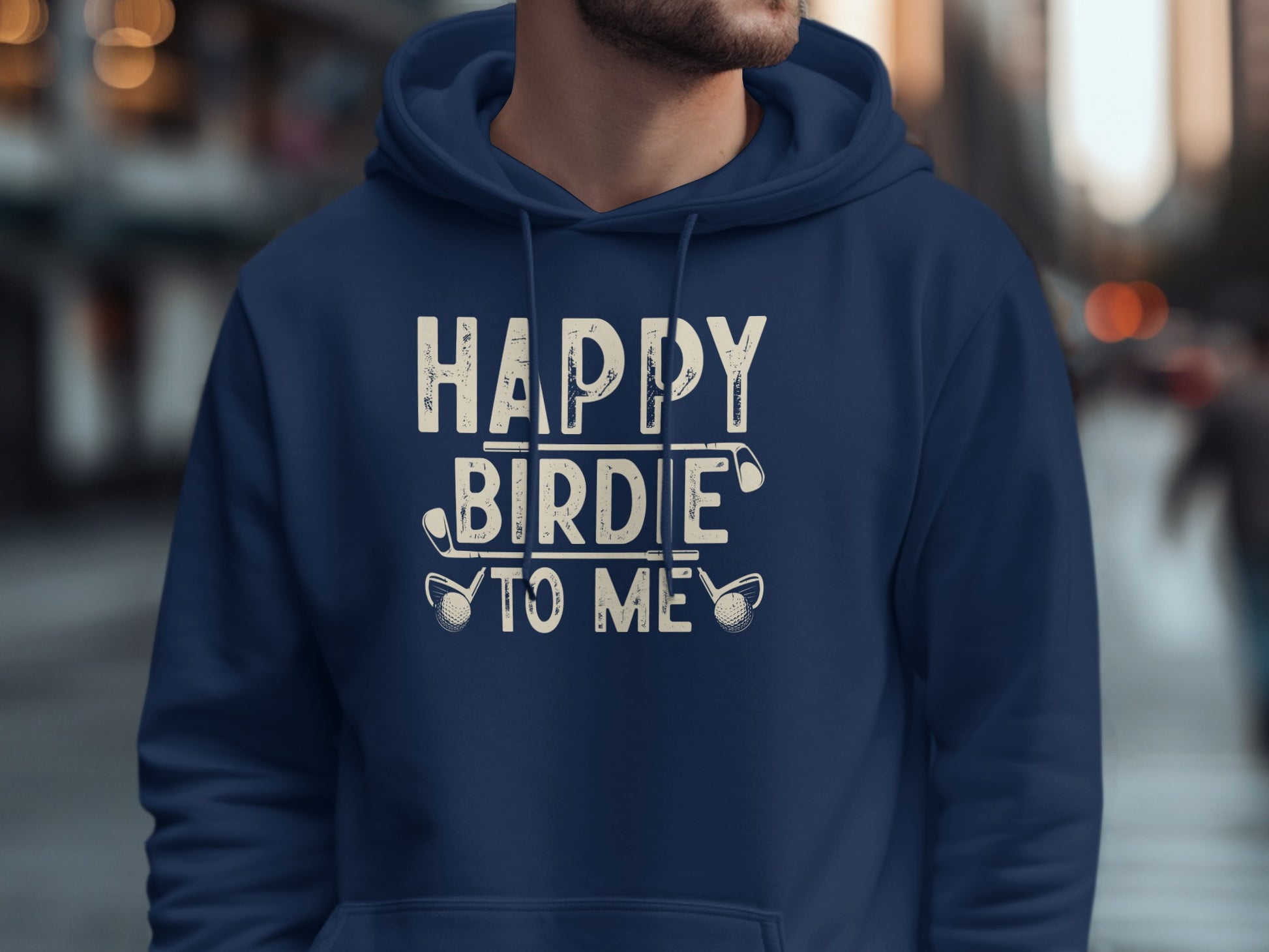 Navy hoodie with "HAPPY BIRDIE TO ME" text and golf club graphics.