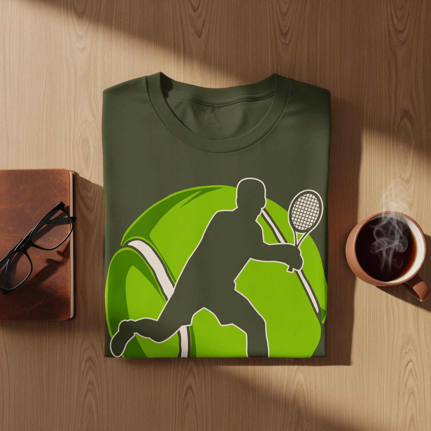 Olive green t-shirt with silhouette of tennis player and large green tennis ball.