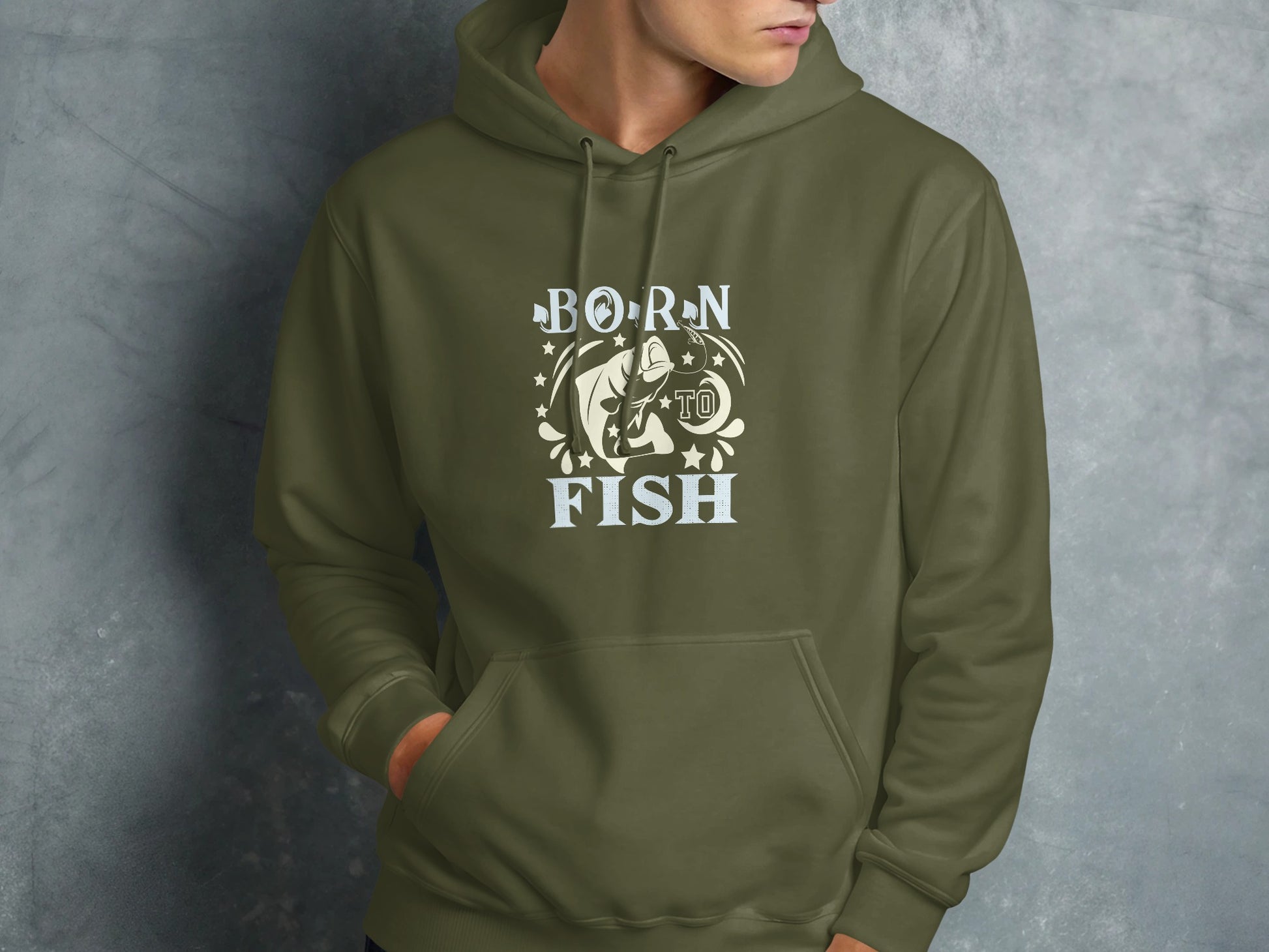 Olive hoodie with "Born to Fish" text and a fish graphic.