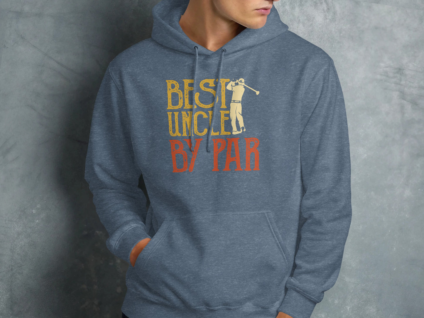 Navy hoodie with "Best Uncle By Par" text and golfer graphic.