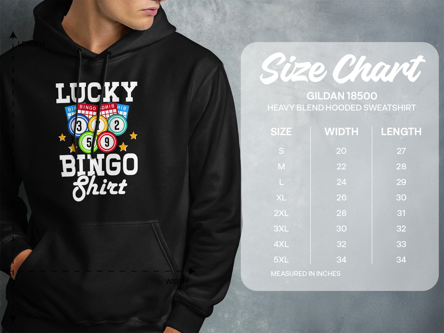 Hoodie size chart with chest width and length measurements for Gildan 18500 sweatshirt.
