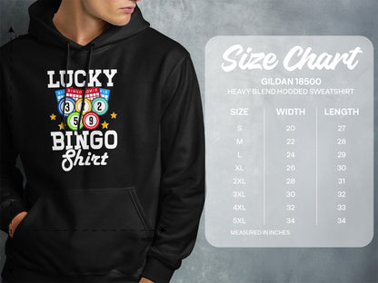 Hoodie size chart with chest width and length measurements for Gildan 18500 sweatshirt.