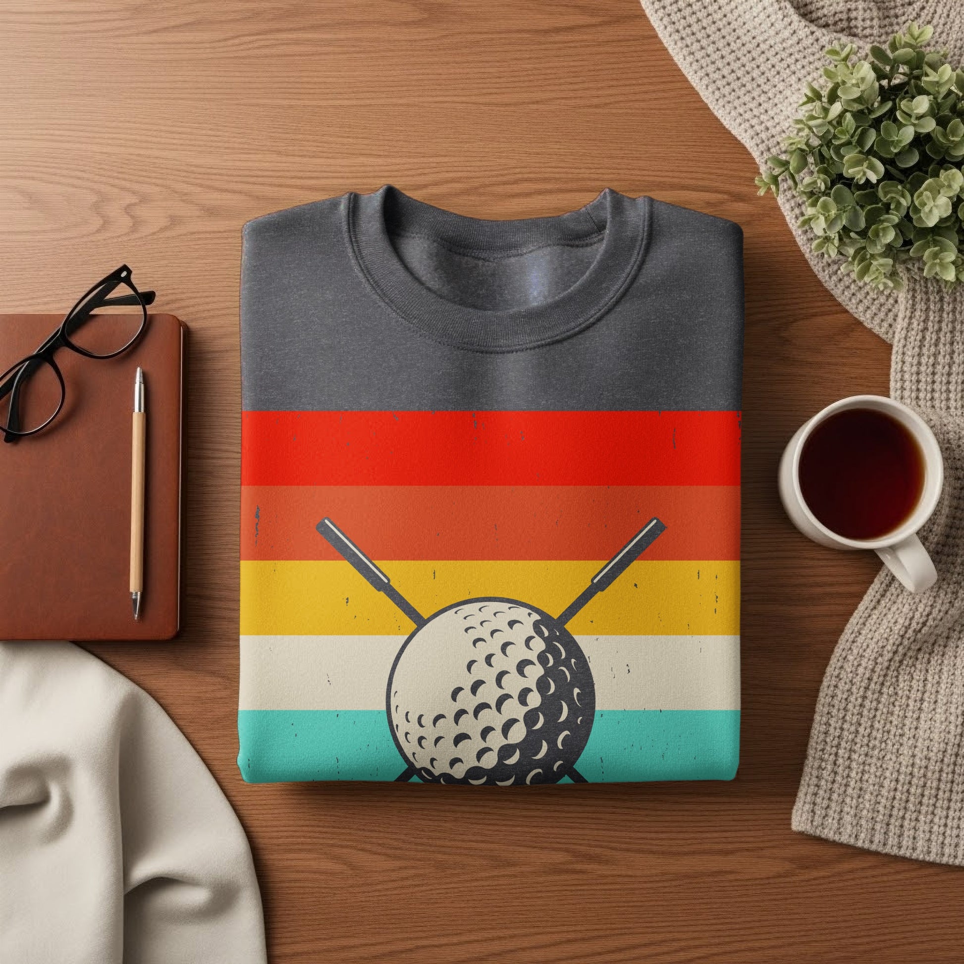 Folded gray sweatshirt with vintage golf ball and crossed clubs graphic.