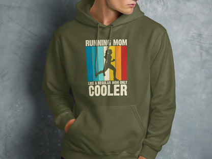 Olive green hoodie with "Running Mom Cooler" text and silhouette.