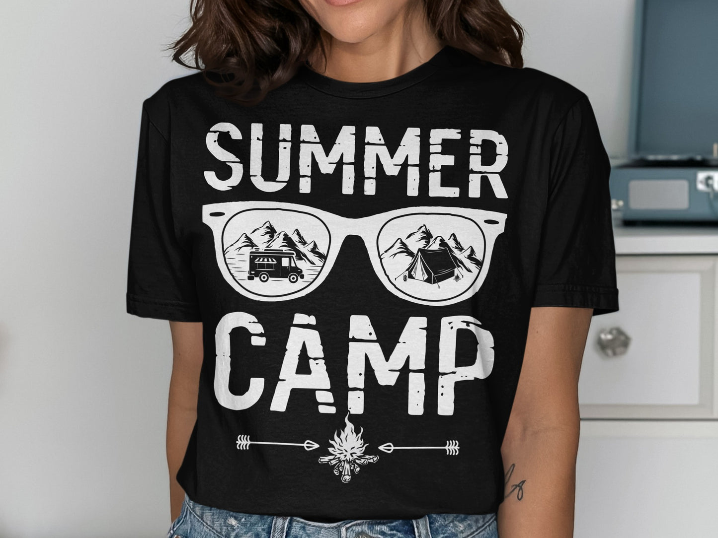 Black t-shirt with "SUMMER CAMP" text and sunglasses graphic.