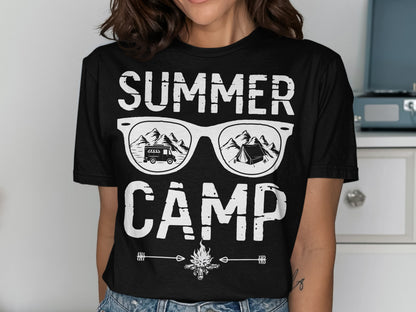 Black t-shirt with "SUMMER CAMP" text and sunglasses graphic.
