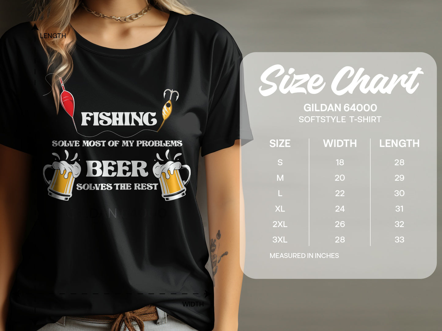 Black t-shirt with "Fishing Solves Most of My Problems Beer Solves the Rest" text and size chart.