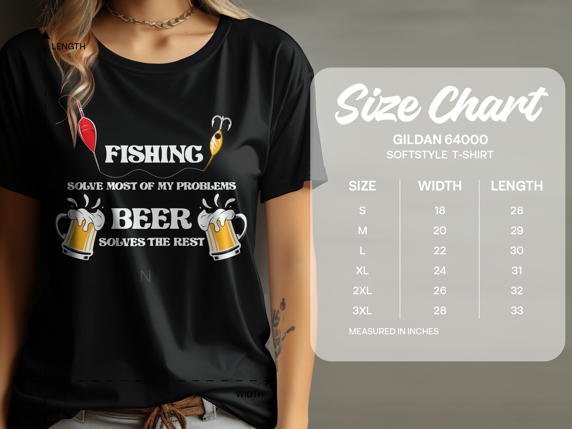 Black t-shirt with "Fishing Solves Most of My Problems Beer Solves the Rest" text and size chart.
