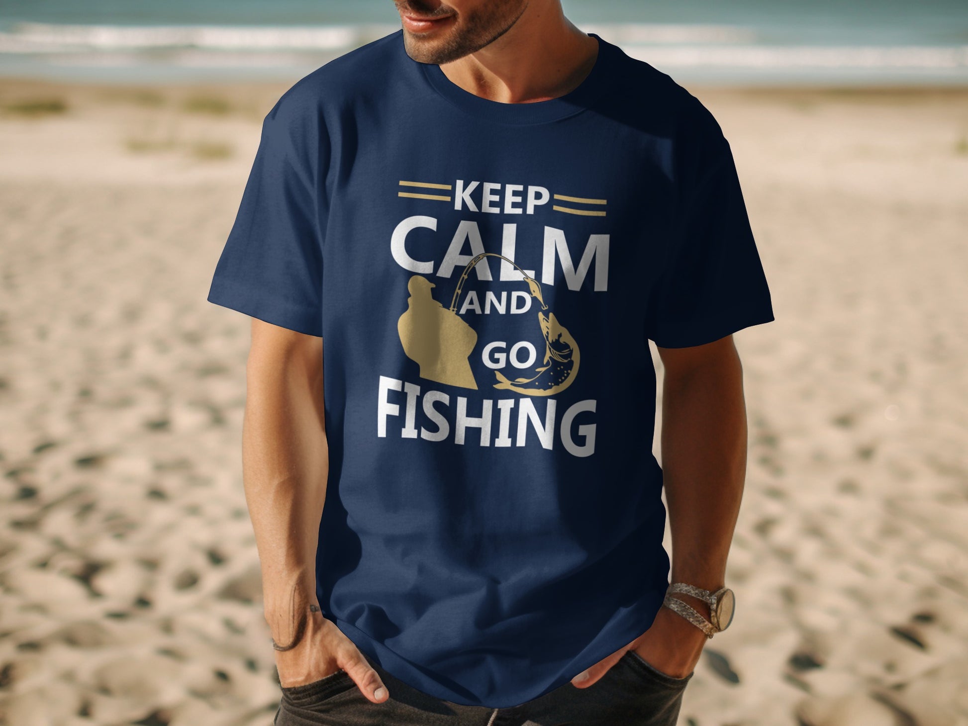 Navy t-shirt with "Keep Calm and Go Fishing" text and fishing graphic.