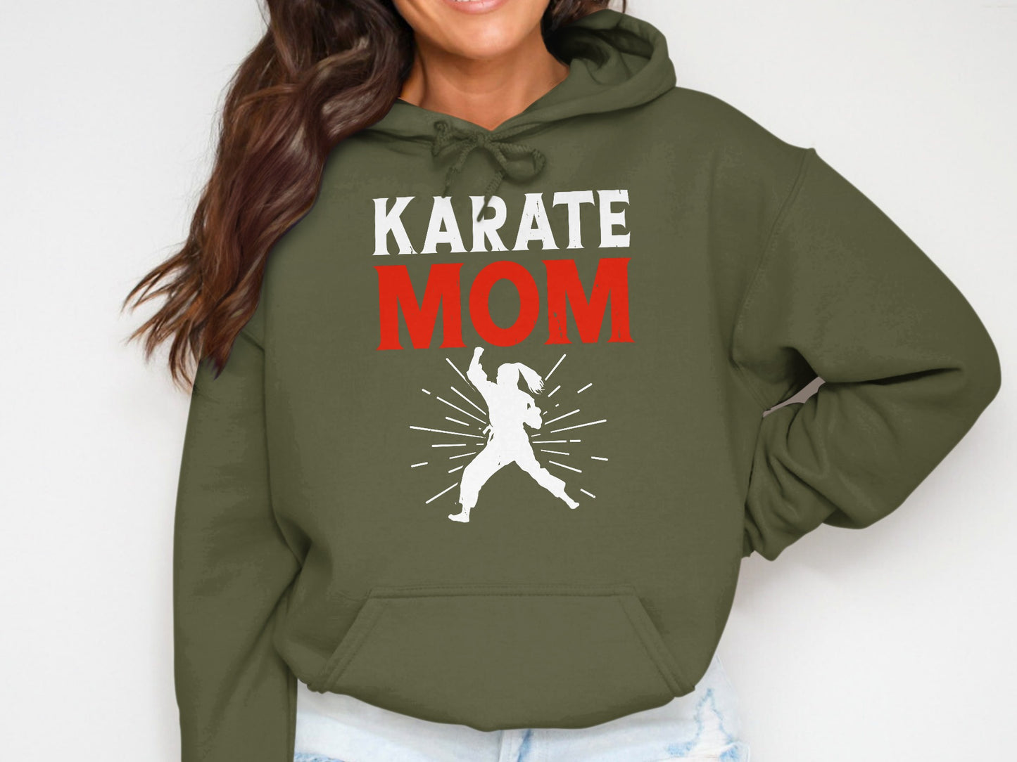 Olive green hoodie with white text "KARATE MOM" and a white silhouette of a karate stance.