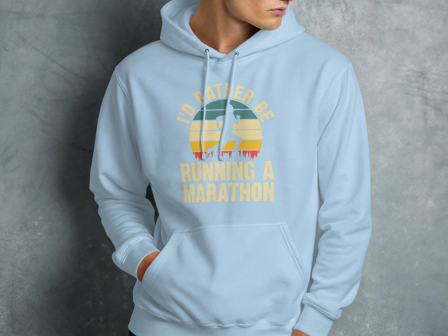 Light blue hoodie with "I'd Rather Be Running a Marathon" text and runner graphic.