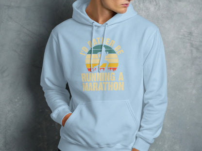 Light blue hoodie with "I'd Rather Be Running a Marathon" text and runner graphic.