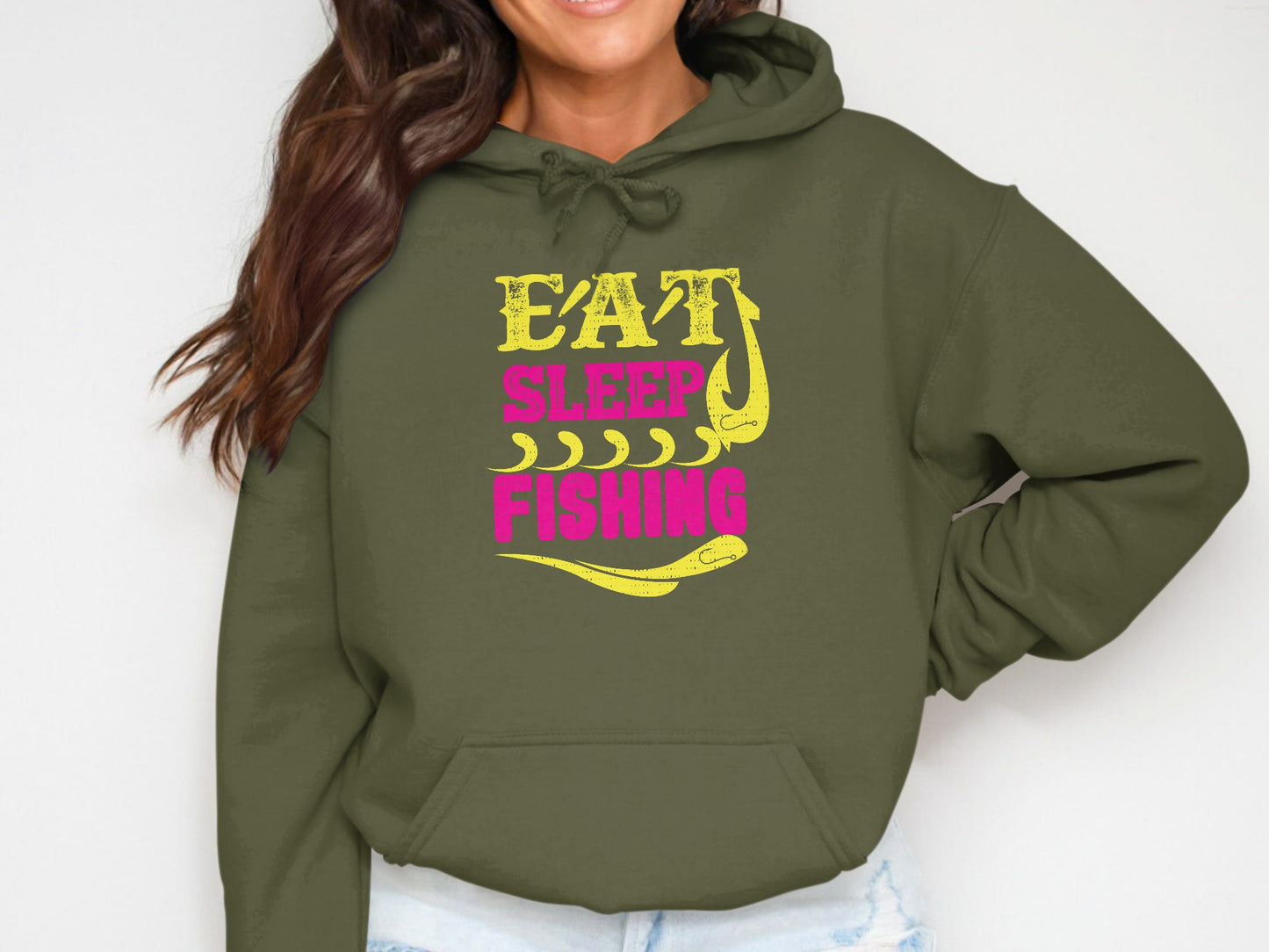 Olive green hoodie with "Eat Sleep Fishing" text and a fish graphic.