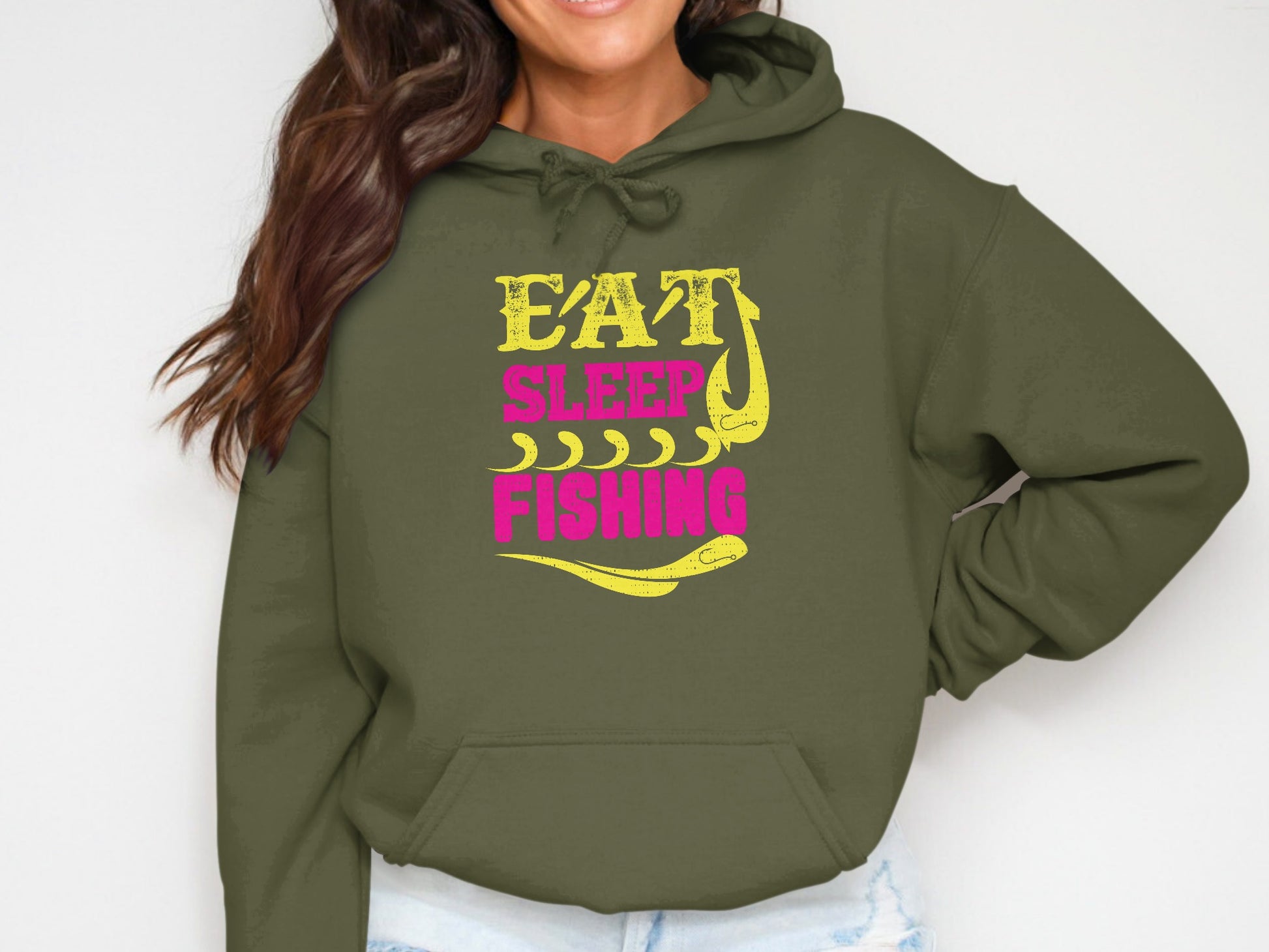 Olive green hoodie with "Eat Sleep Fishing" text and a fish graphic.