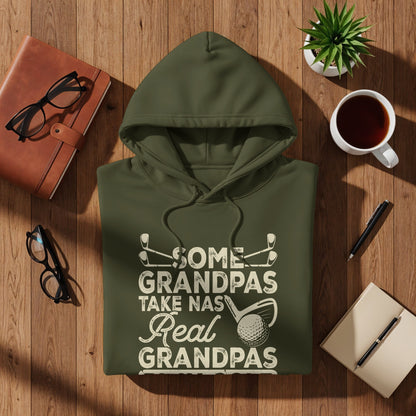 Green hoodie with "Some Grandpas Take Naps, Real Grandpas Play Golf" text and golf imagery.