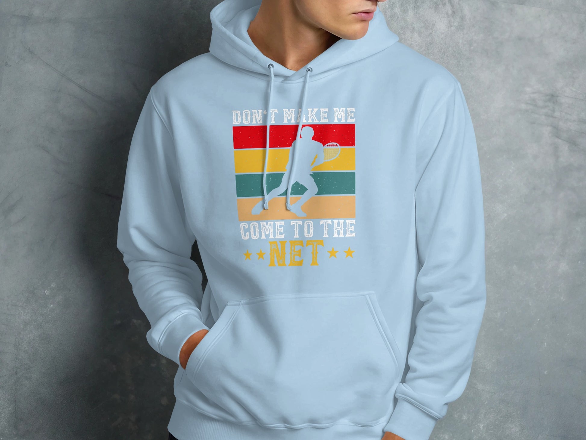 Light blue hoodie with a distressed tennis player graphic and text.