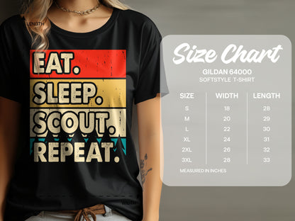 Black t-shirt with "Eat. Sleep. Scout. Repeat." graphic and size chart.