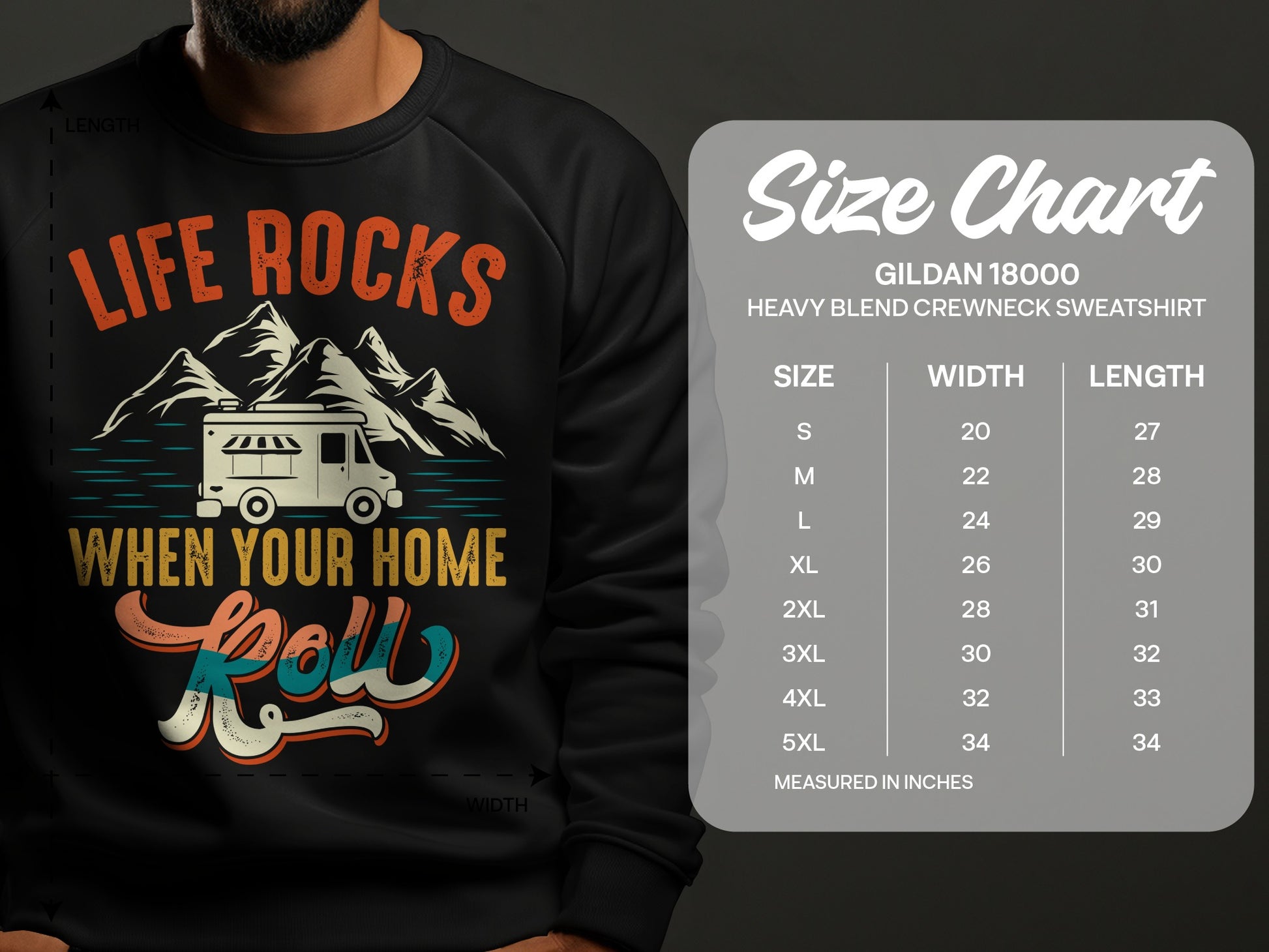 Gildan 18000 sweatshirt size chart with "Life Rocks When Your Home" graphic.