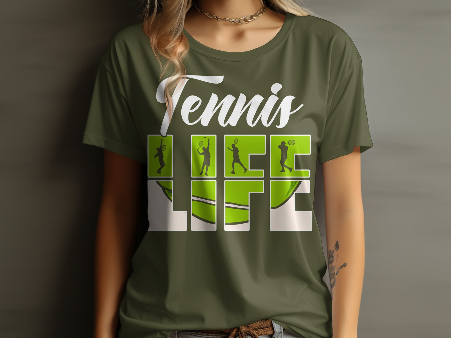 Olive green t-shirt with "Tennis Life" graphic and tennis player silhouettes.