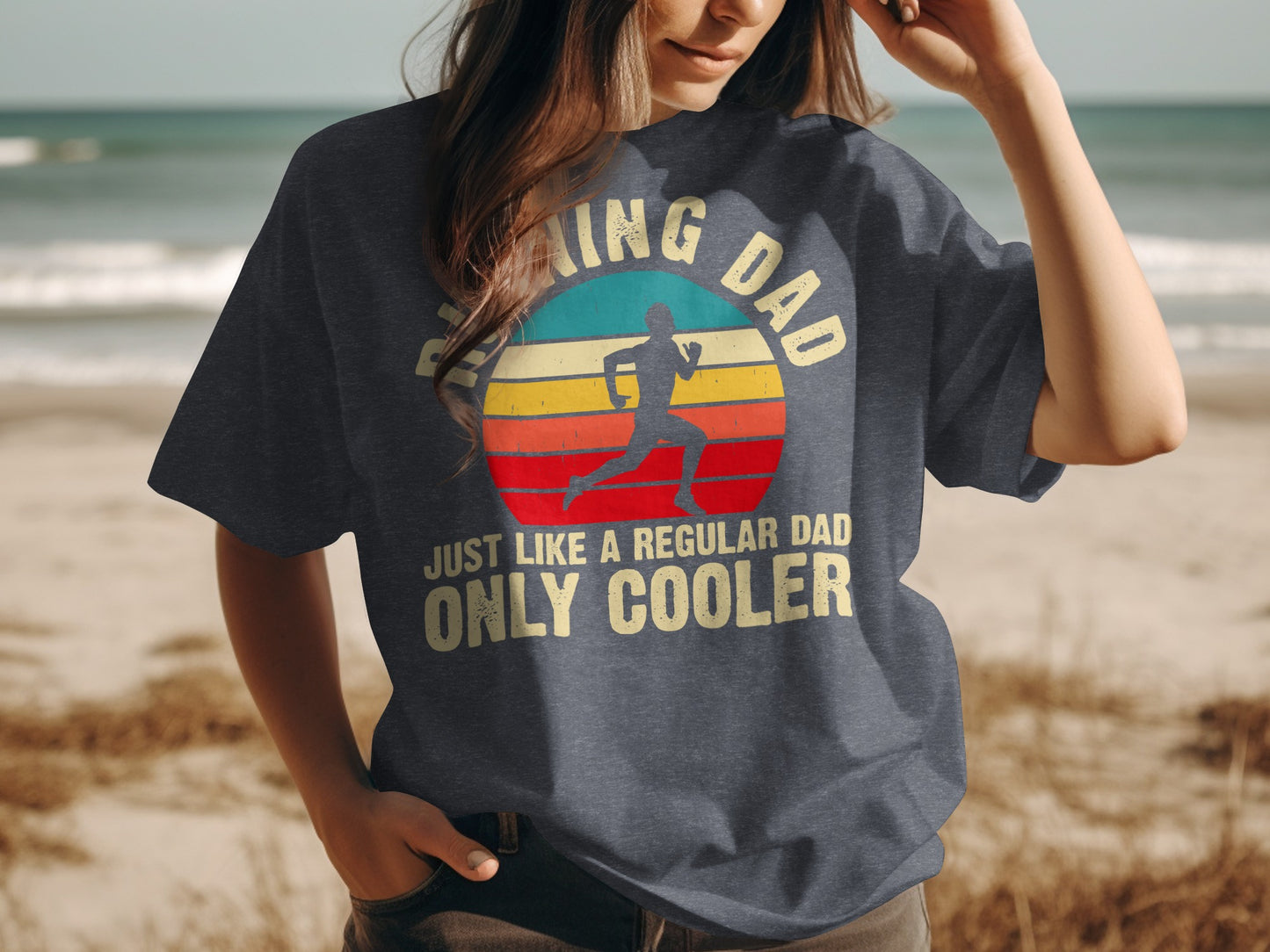Dark gray t-shirt with "Running Dad" text and retro sunset graphic.