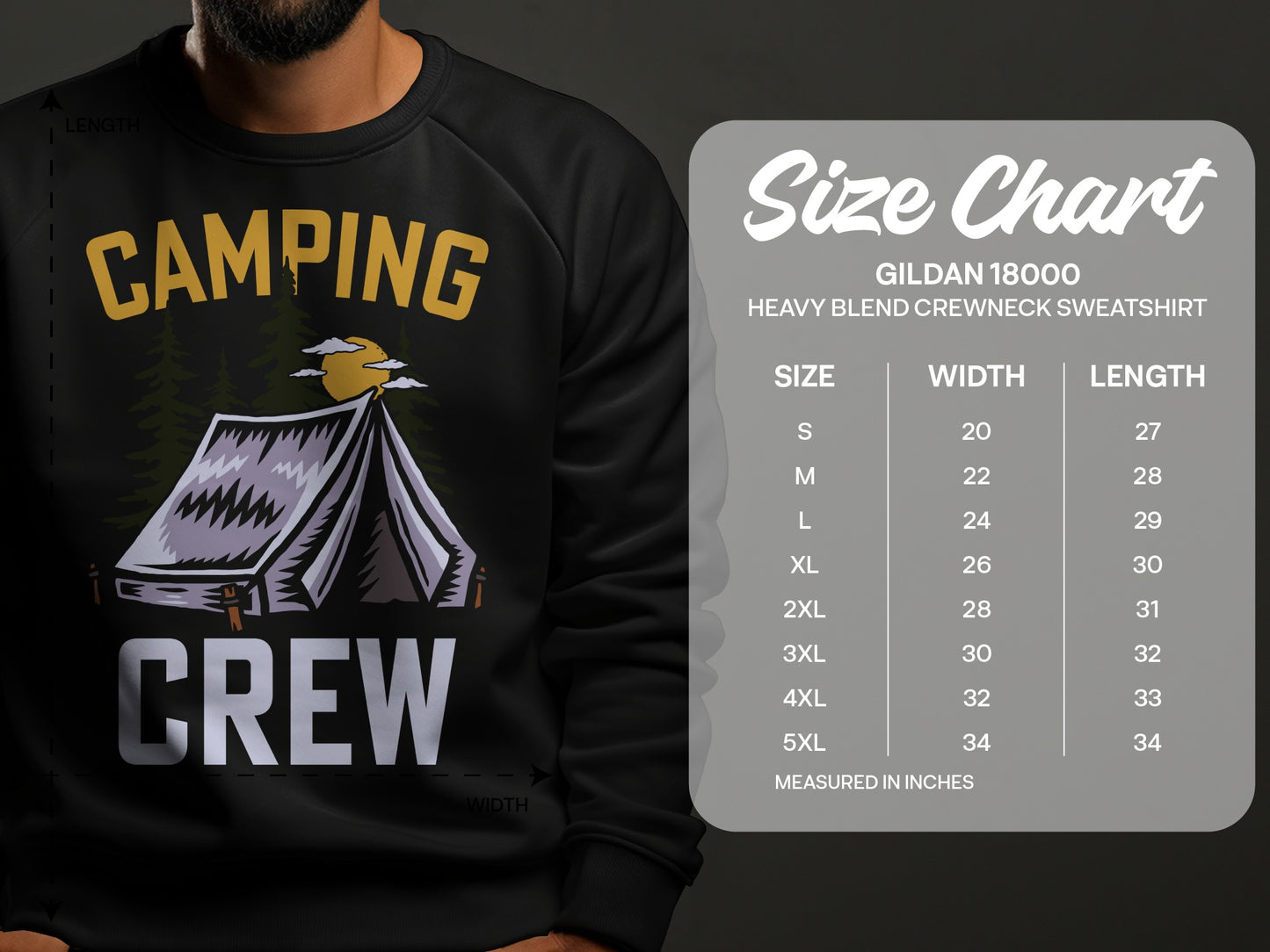 Gildan 18000 crewneck sweatshirt with camping graphic and size chart.