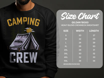 Gildan 18000 crewneck sweatshirt with camping graphic and size chart.
