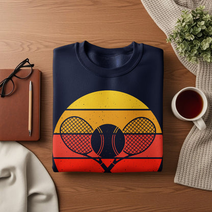 Navy sweatshirt with retro sunset tennis graphic and crossed racquets and ball.
