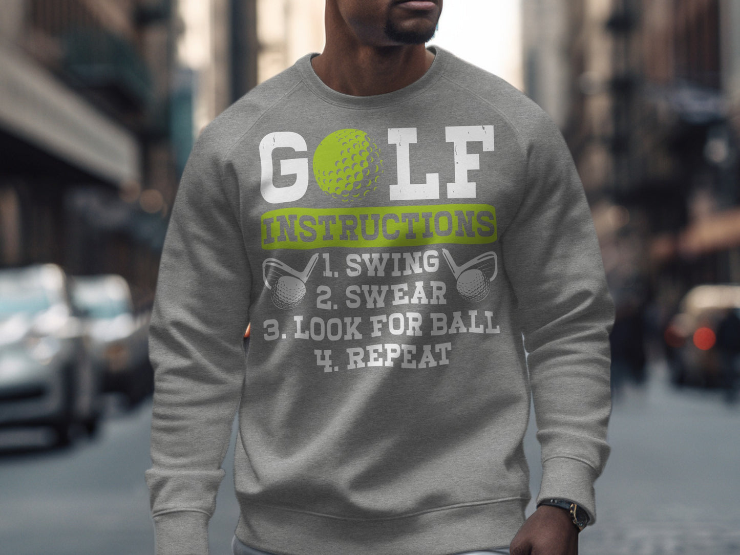 Gray sweatshirt with "GOLF INSTRUCTIONS" and numbered steps.