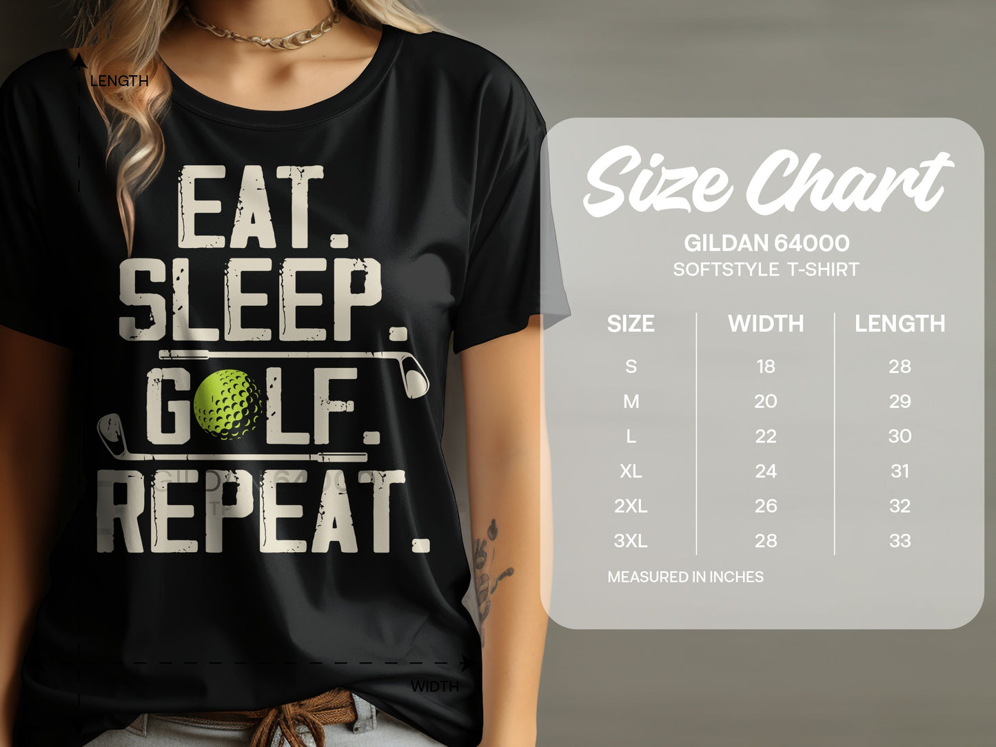 T-shirt with "Eat. Sleep. Golf. Repeat." text and size chart.